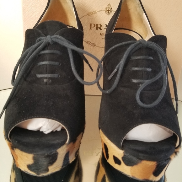 Prada Black Suede Leopard Pony Hair Wedge 39 - Picture 3 of 13